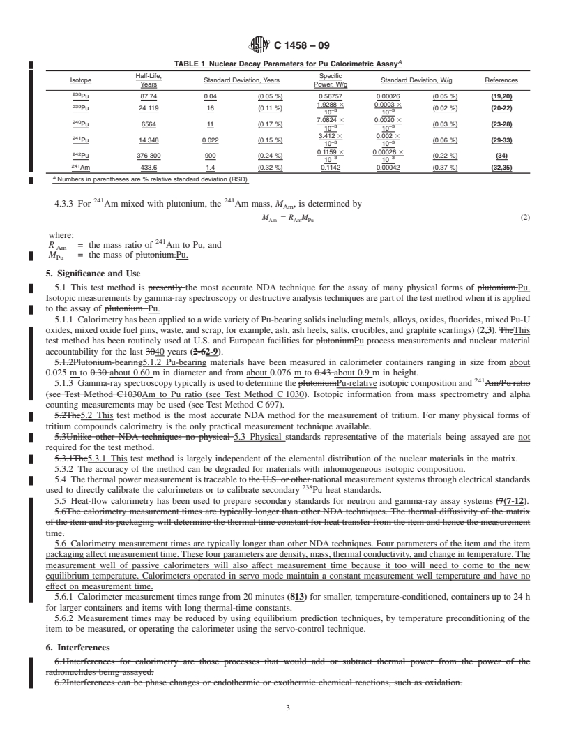 REDLINE ASTM C1458-09 - Standard Test Method for Nondestructive Assay of Plutonium, Tritium and <sup>241</sup>Am by Calorimetric Assay