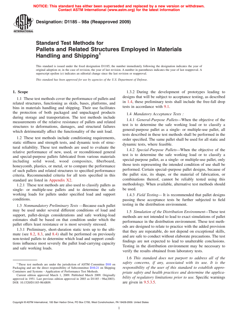 ASTM D1185-98a(2009) - Standard Test Methods for Pallets and Related Structures Employed in Materials Handling and Shipping