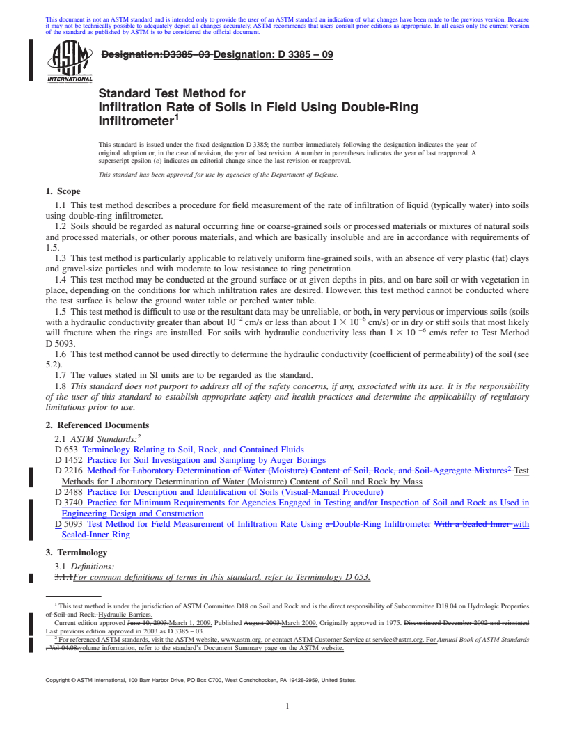 REDLINE ASTM D3385-09 - Standard Test Method for  Infiltration Rate of Soils in Field Using Double-Ring Infiltrometer