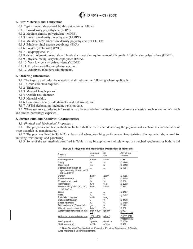 REDLINE ASTM D4649-03(2009) - Standard Guide for Selection and Use of Stretch Wrap Films