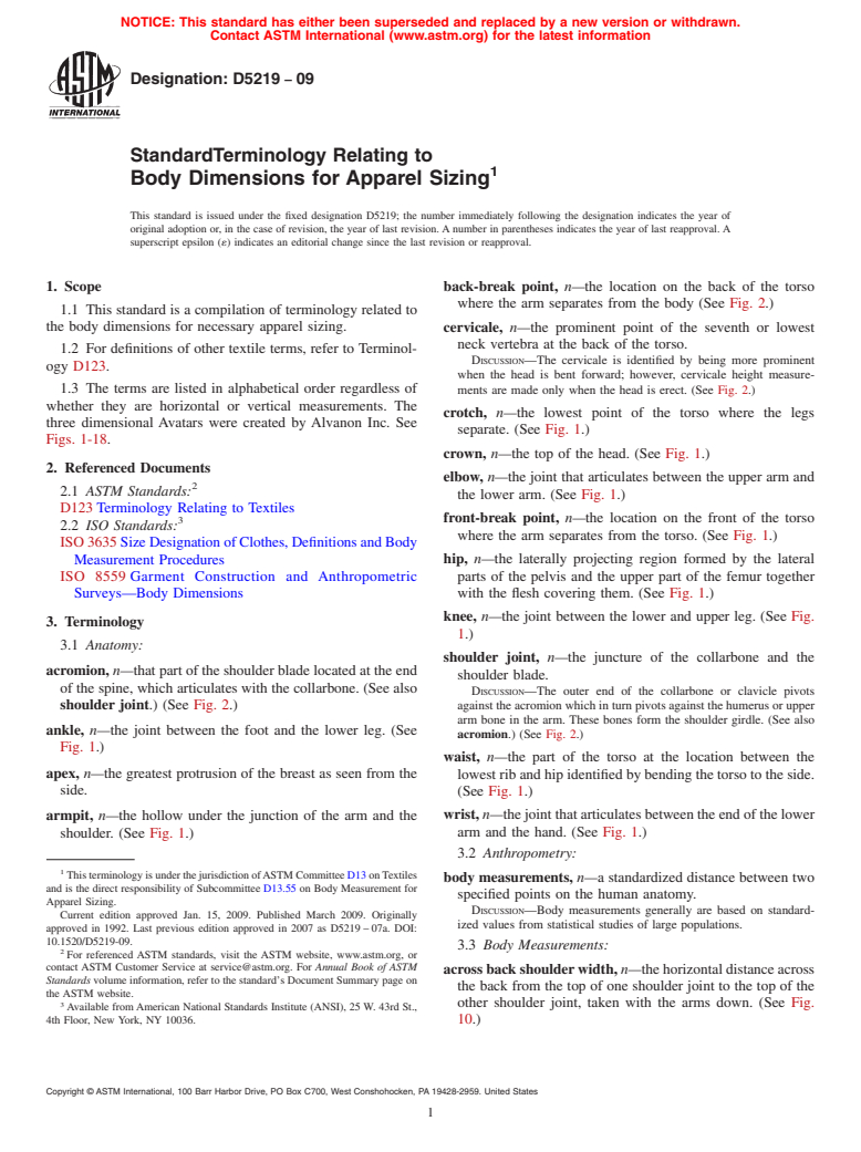 ASTM D5219-09 - Standard Terminology Relating to Body Dimensions for Apparel Sizing