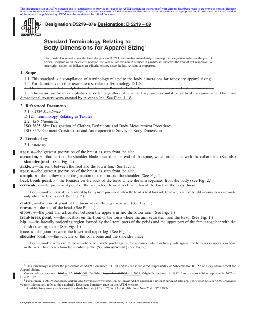 REDLINE ASTM D5219-09 - Standard Terminology Relating to Body Dimensions for Apparel Sizing