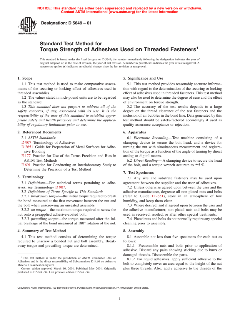 ASTM D5649-01 - Standard Test Method for Torque Strength of Adhesives Used on Threaded Fasteners