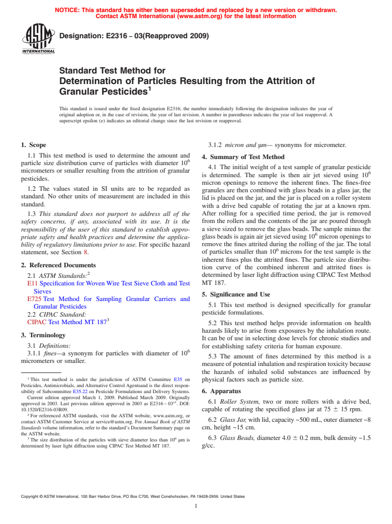 ASTM E2316-03(2009) - Standard Test Method for Determination of Particles Resulting from the Attrition of Granular Pesticides