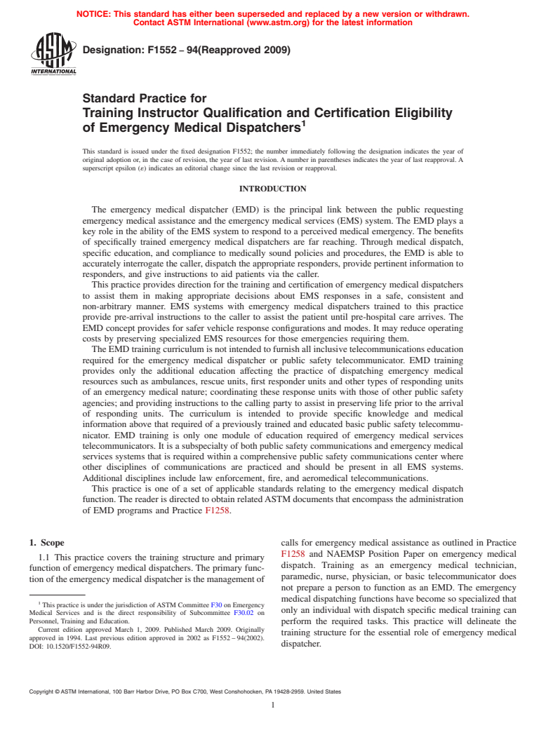 ASTM F1552-94(2009) - Standard Practice for Training Instructor Qualification and Certification Eligibility of Emergency Medical Dispatchers