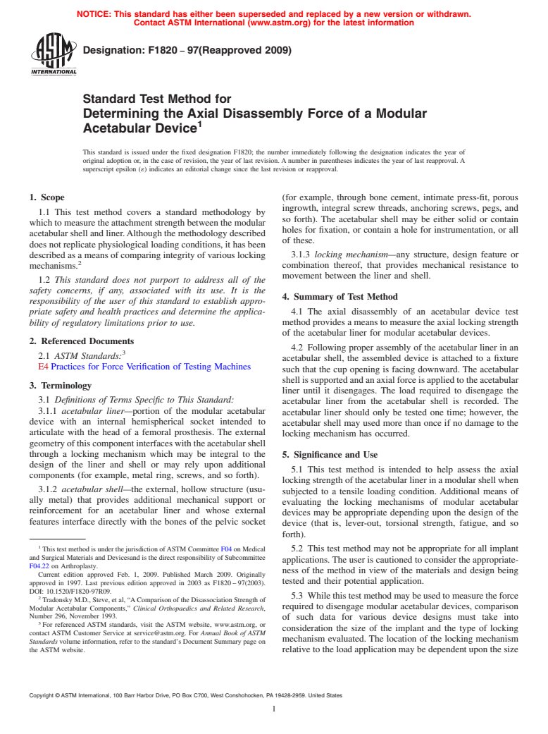 ASTM F1820-97(2009) - Standard Test Method for Determining the Axial Disassembly Force of a Modular Acetabular Device