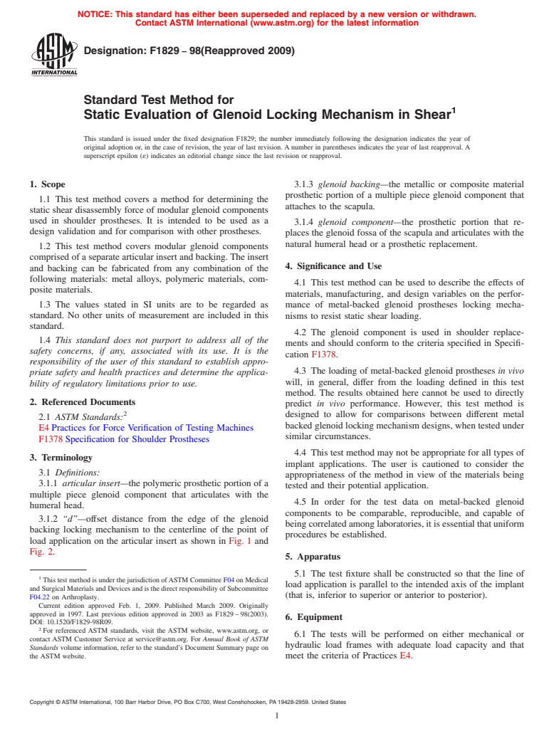 ASTM F1829-98(2009) - Standard Test Method for Static Evaluation of the Glenoid Locking Mechanism in Shear