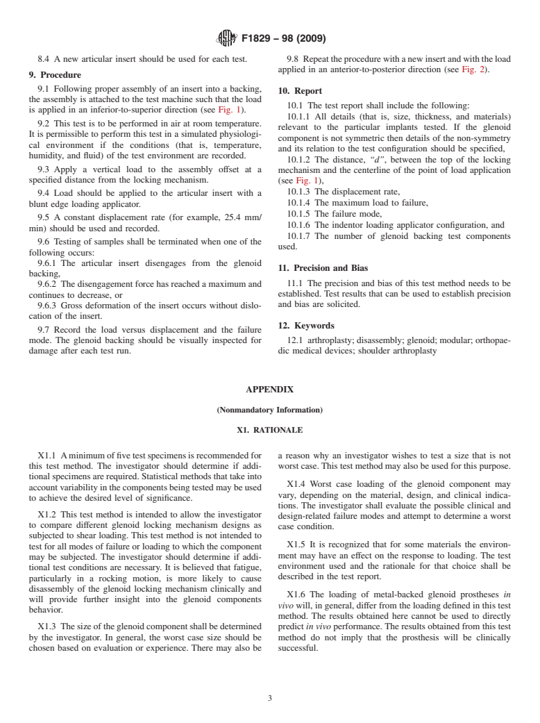 ASTM F1829-98(2009) - Standard Test Method for Static Evaluation of the Glenoid Locking Mechanism in Shear