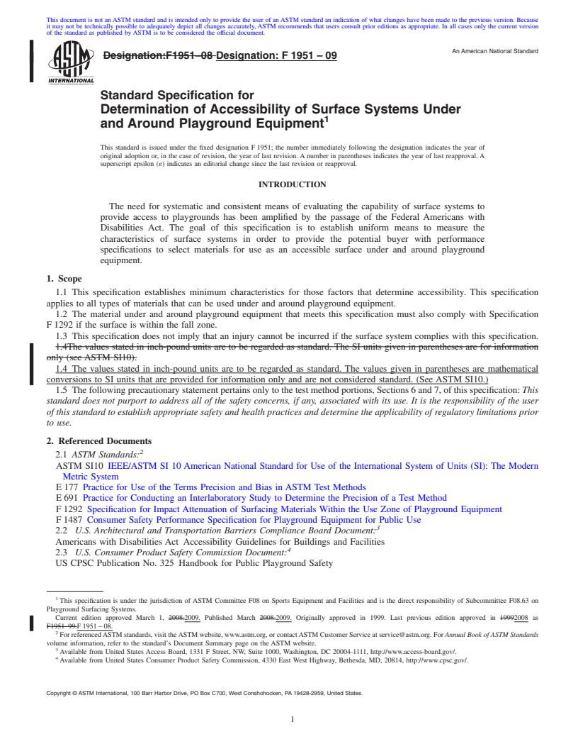 REDLINE ASTM F1951-09 - Standard Specification for Determination of Accessibility of Surface Systems Under and Around Playground Equipment
