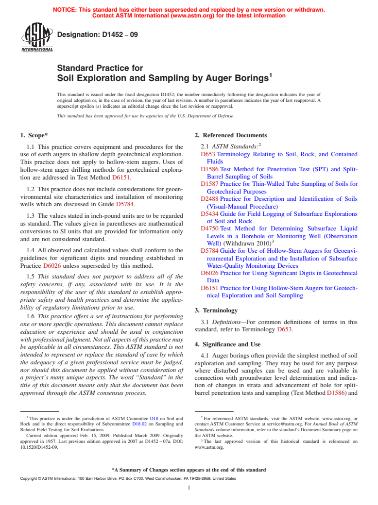 ASTM D1452-09 - Standard Practice for  Soil Exploration and Sampling by Auger Borings