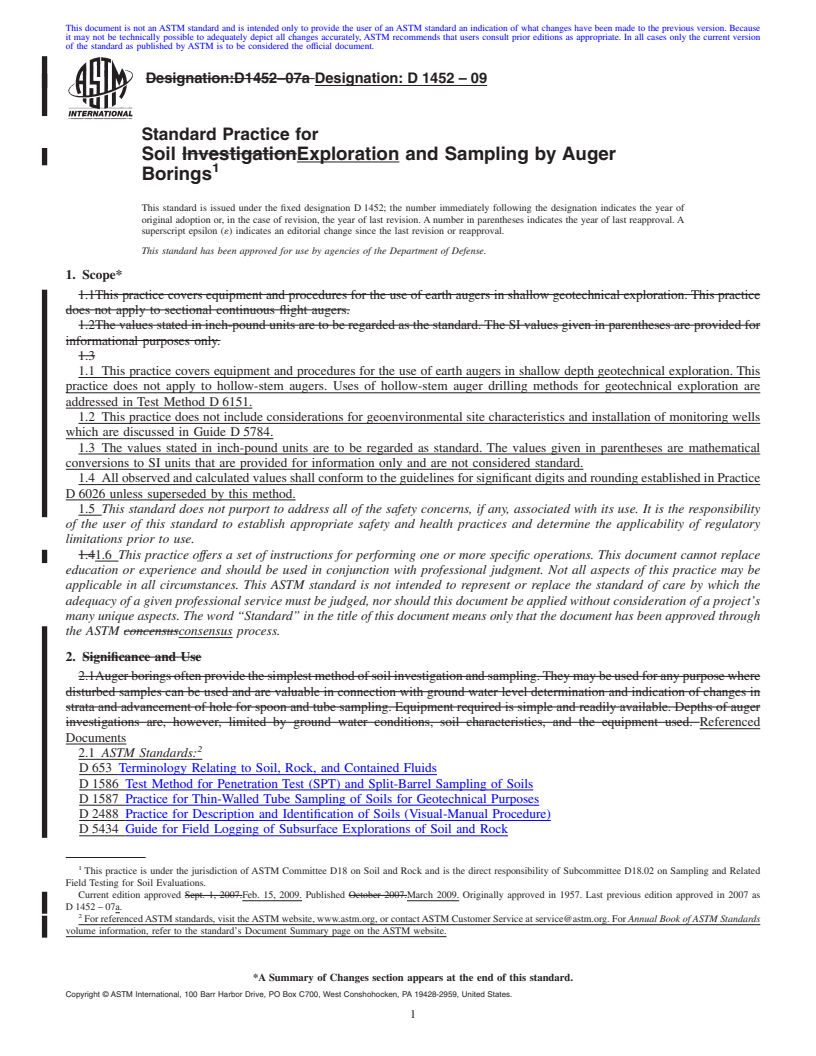 REDLINE ASTM D1452-09 - Standard Practice for  Soil Exploration and Sampling by Auger Borings