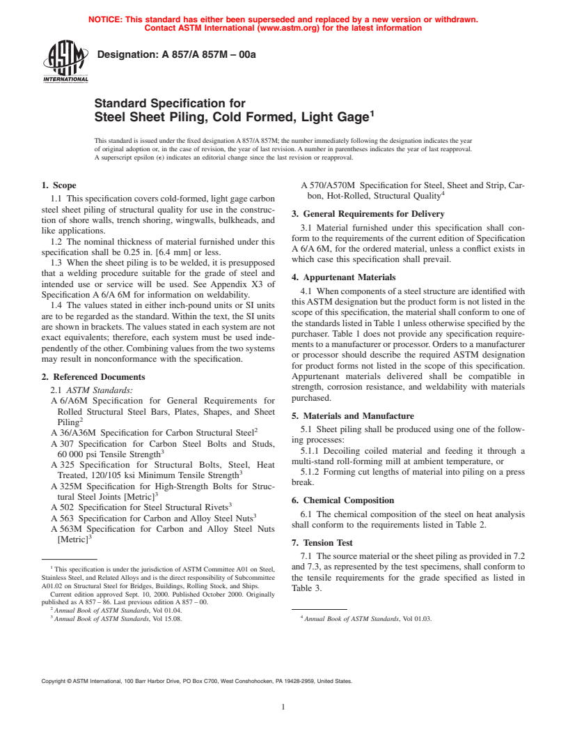 ASTM A857/A857M-00a - Standard Specification for Steel Sheet Piling, Cold Formed, Light Gage