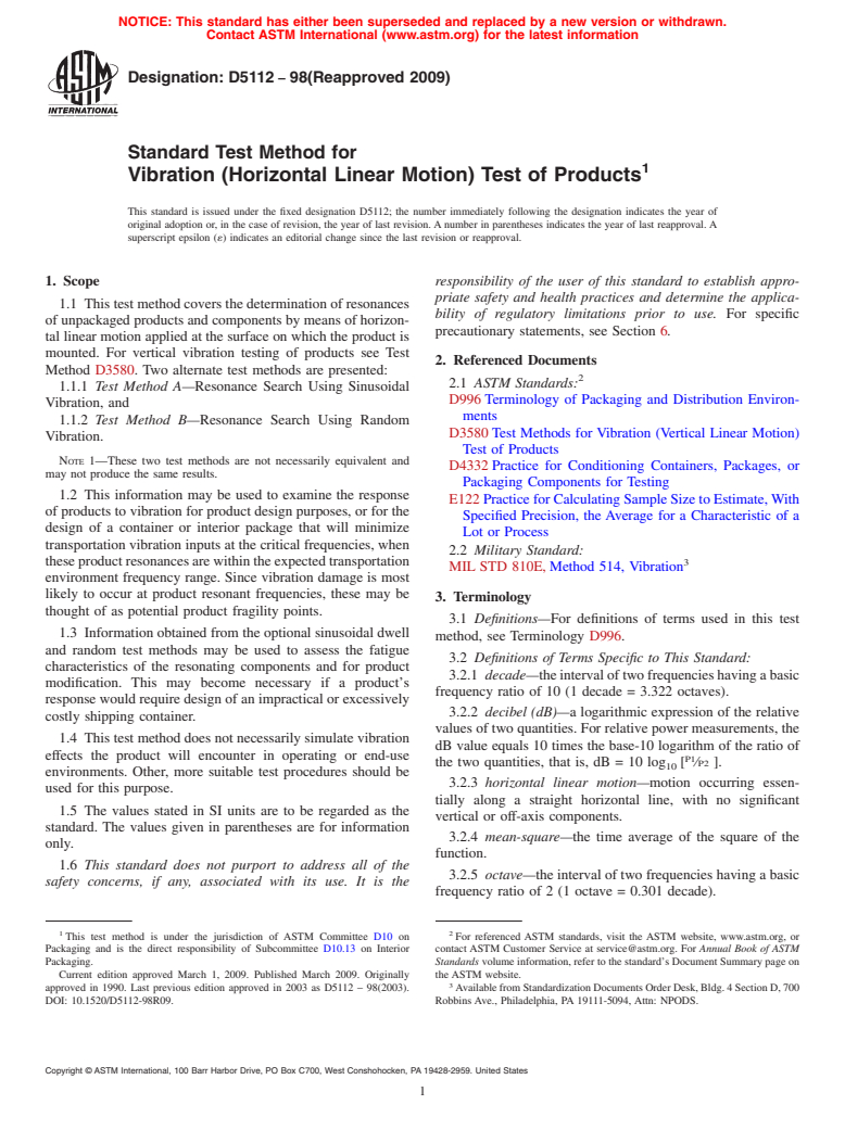 ASTM D5112-98(2009) - Standard Test Method for Vibration (Horizontal Linear Sinusoidal Motion) Test of Products