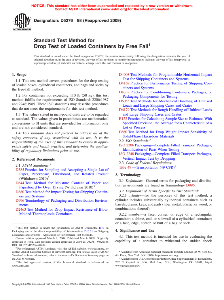 ASTM D5276-98(2009) - Standard Test Method for Drop Test of Loaded Containers by Free Fall