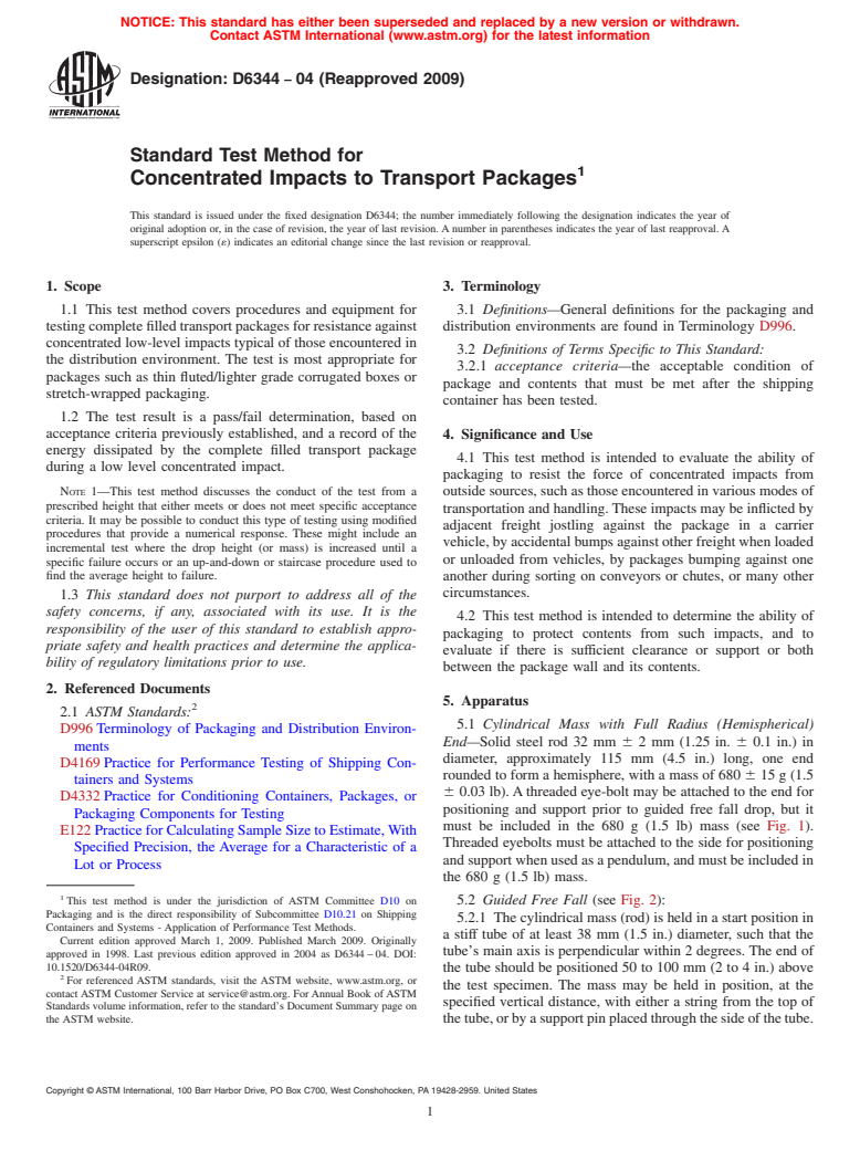 ASTM D6344-04(2009) - Standard Test Method for Concentrated Impacts to Transport Packages