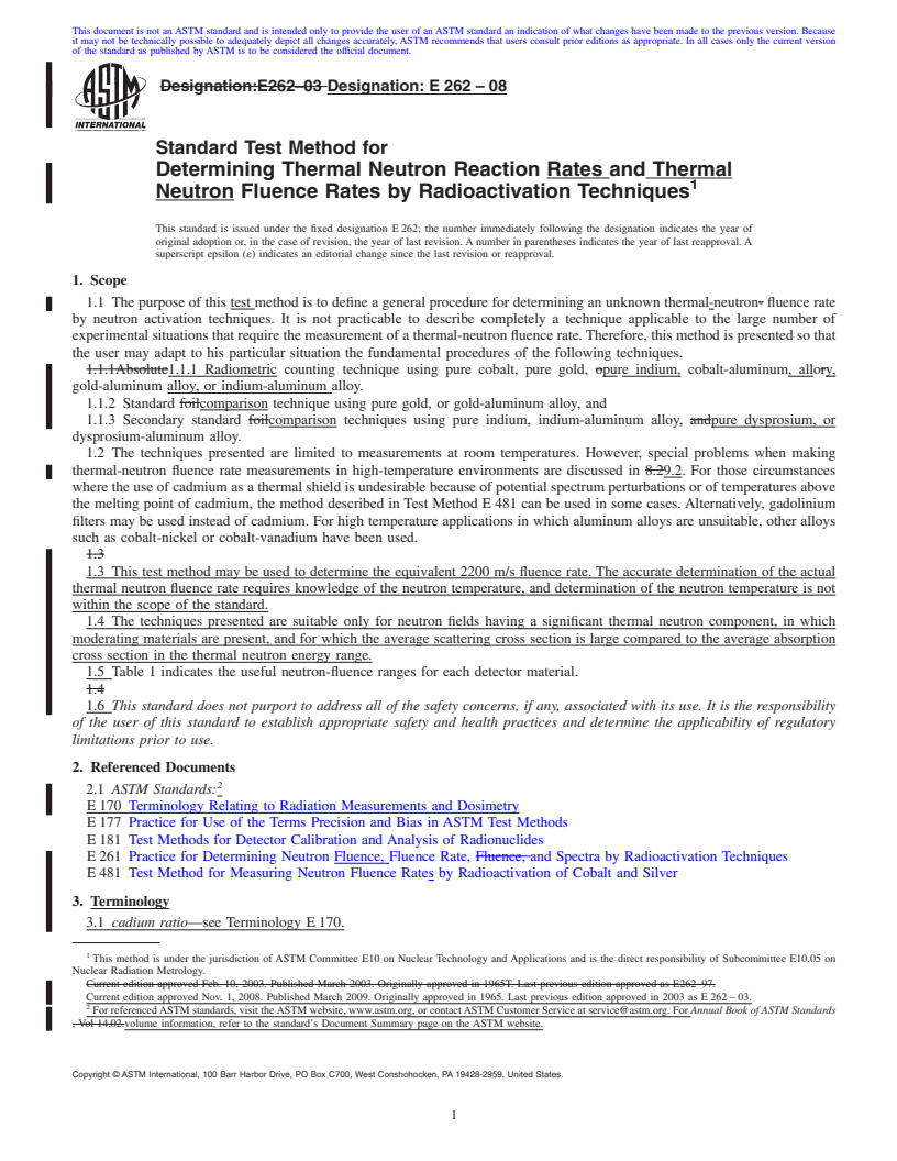 REDLINE ASTM E262-08 - Standard Test Method for Determining Thermal Neutron Reaction Rates and Thermal Neutron Fluence Rates by Radioactivation Techniques