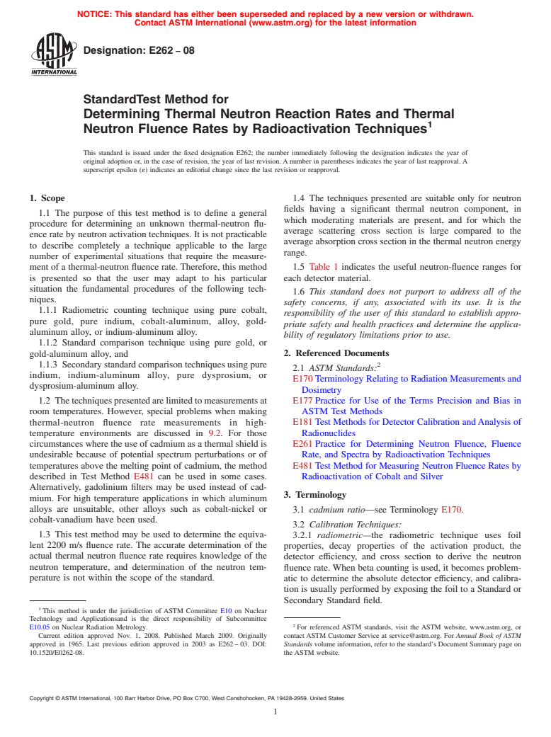 ASTM E262-08 - Standard Test Method for Determining Thermal Neutron Reaction Rates and Thermal Neutron Fluence Rates by Radioactivation Techniques