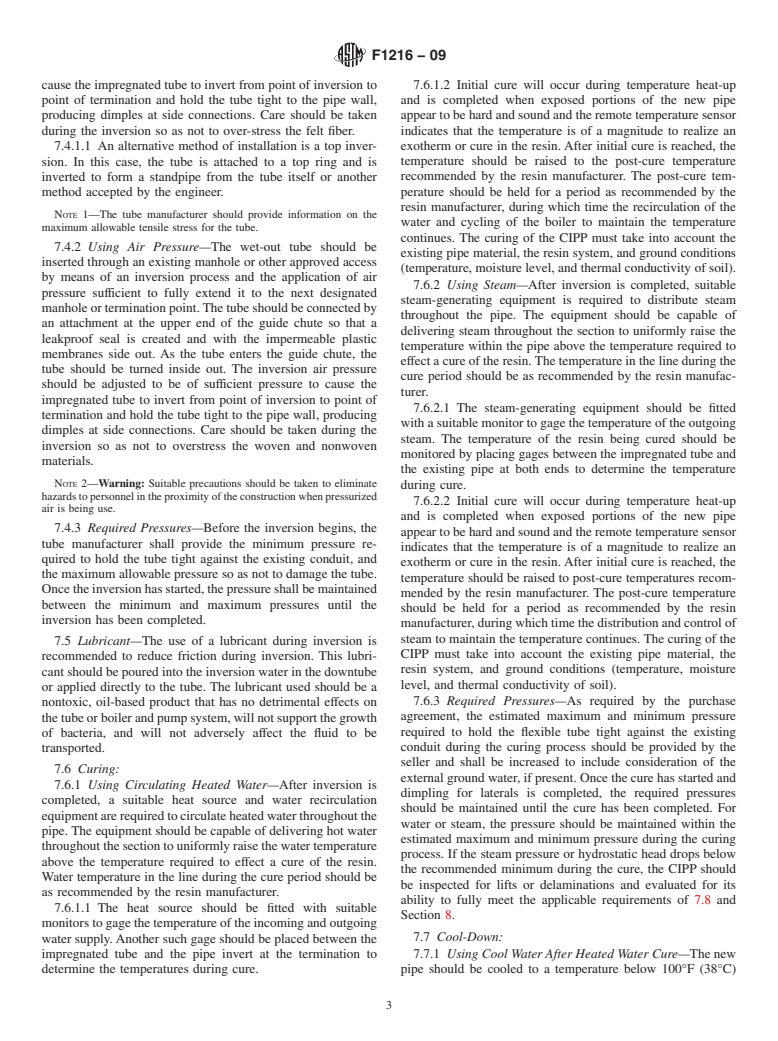 ASTM F1216-09 - Standard Practice for Rehabilitation of Existing Pipelines and Conduits by the Inversion and Curing of a Resin-Impregnated Tube