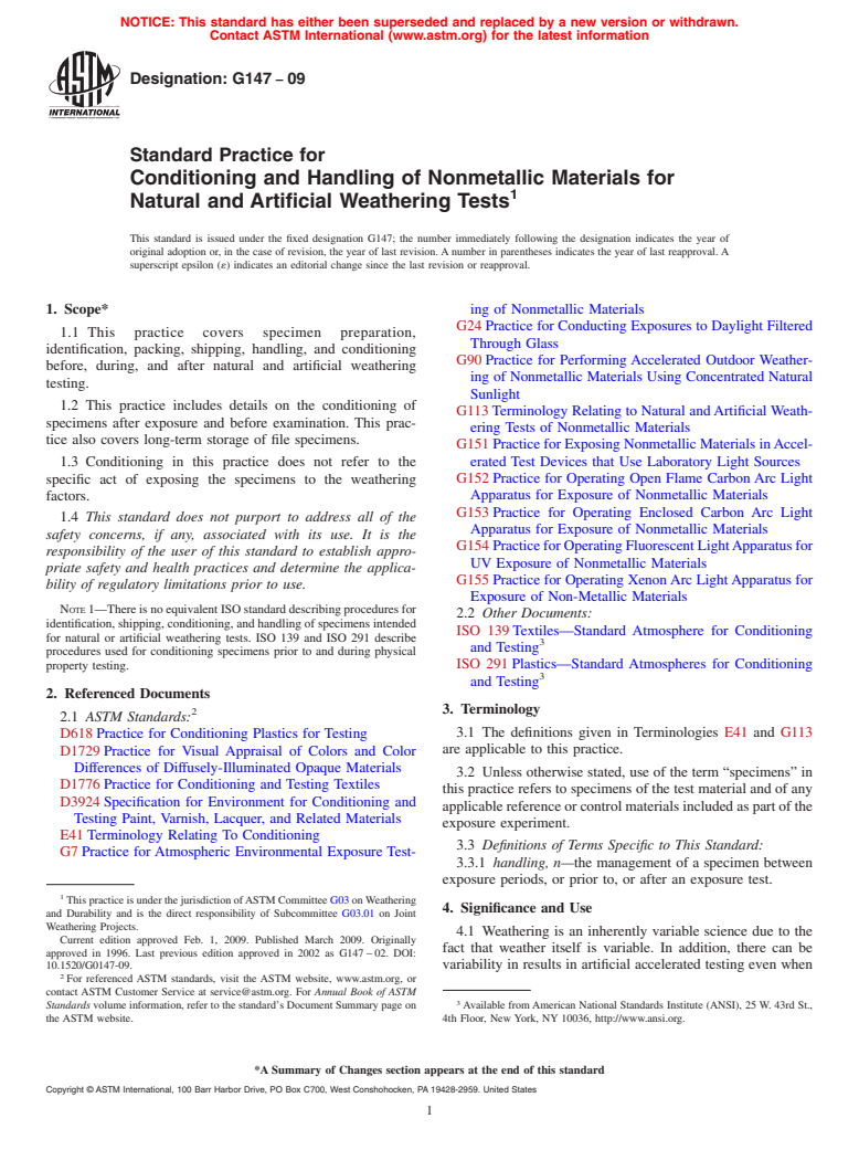 ASTM G147-09 - Standard Practice for Conditioning and Handling of Nonmetallic Materials for Natural and Artificial Weathering Tests