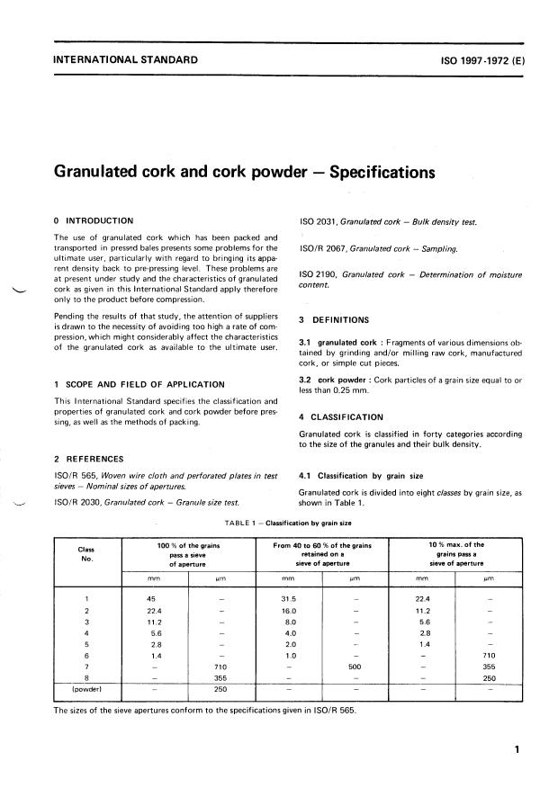 ISO 1997:1972 - Granulated cork and cork powder -- Specifications