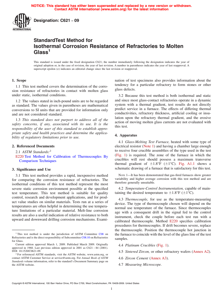 ASTM C621-09 - Standard Test Method for Isothermal Corrosion Resistance of Refractories to Molten Glass