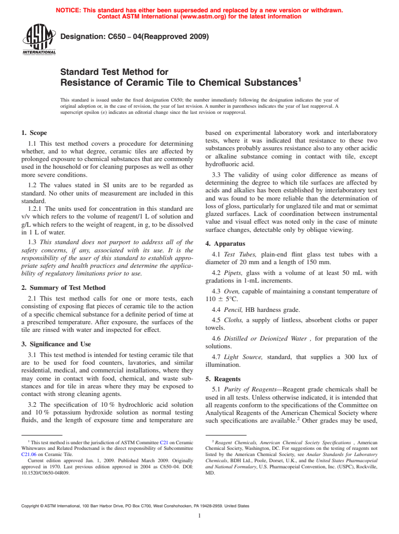 ASTM C650-04(2009) - Standard Test Method for Resistance of Ceramic Tile to Chemical Substances