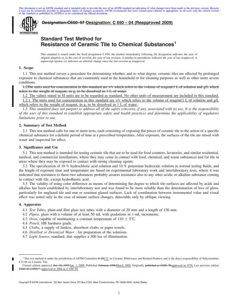 REDLINE ASTM C650-04(2009) - Standard Test Method for Resistance of Ceramic Tile to Chemical Substances