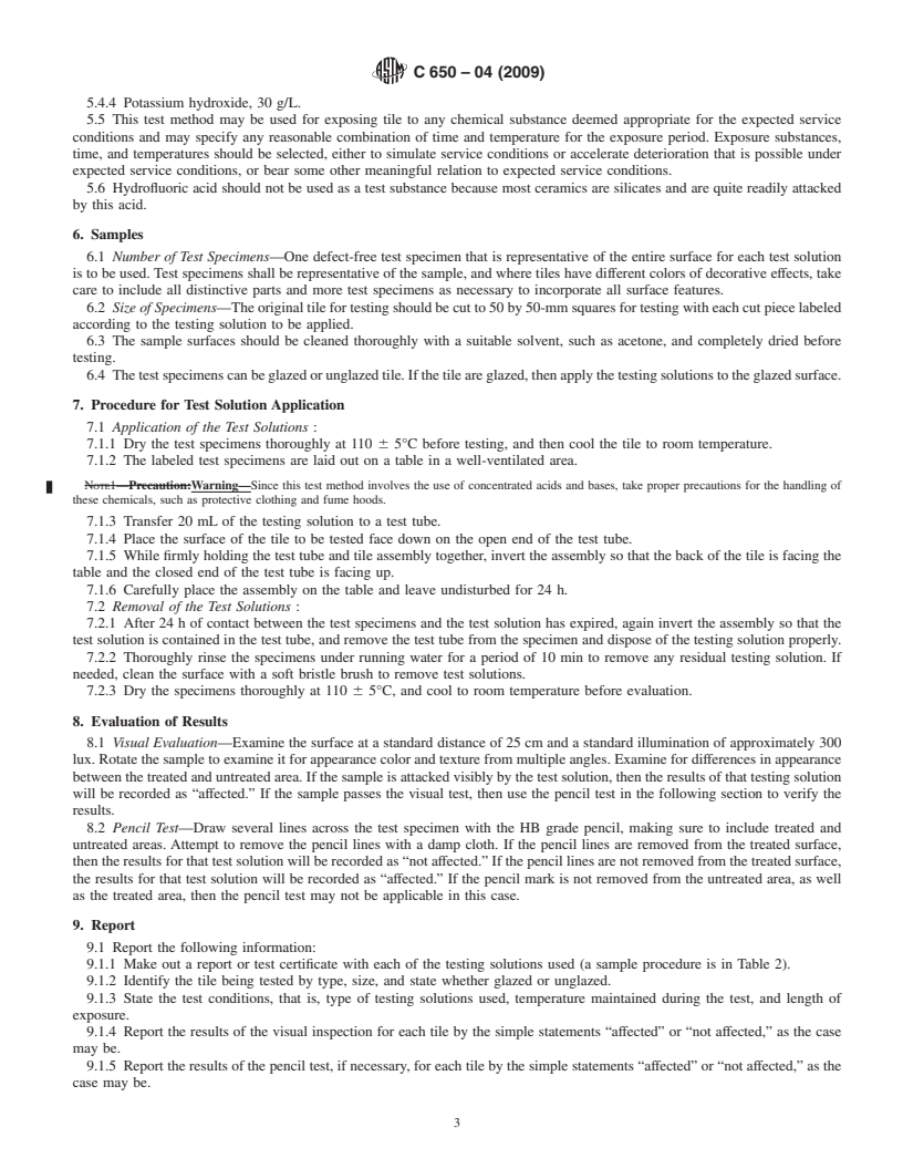 REDLINE ASTM C650-04(2009) - Standard Test Method for Resistance of Ceramic Tile to Chemical Substances