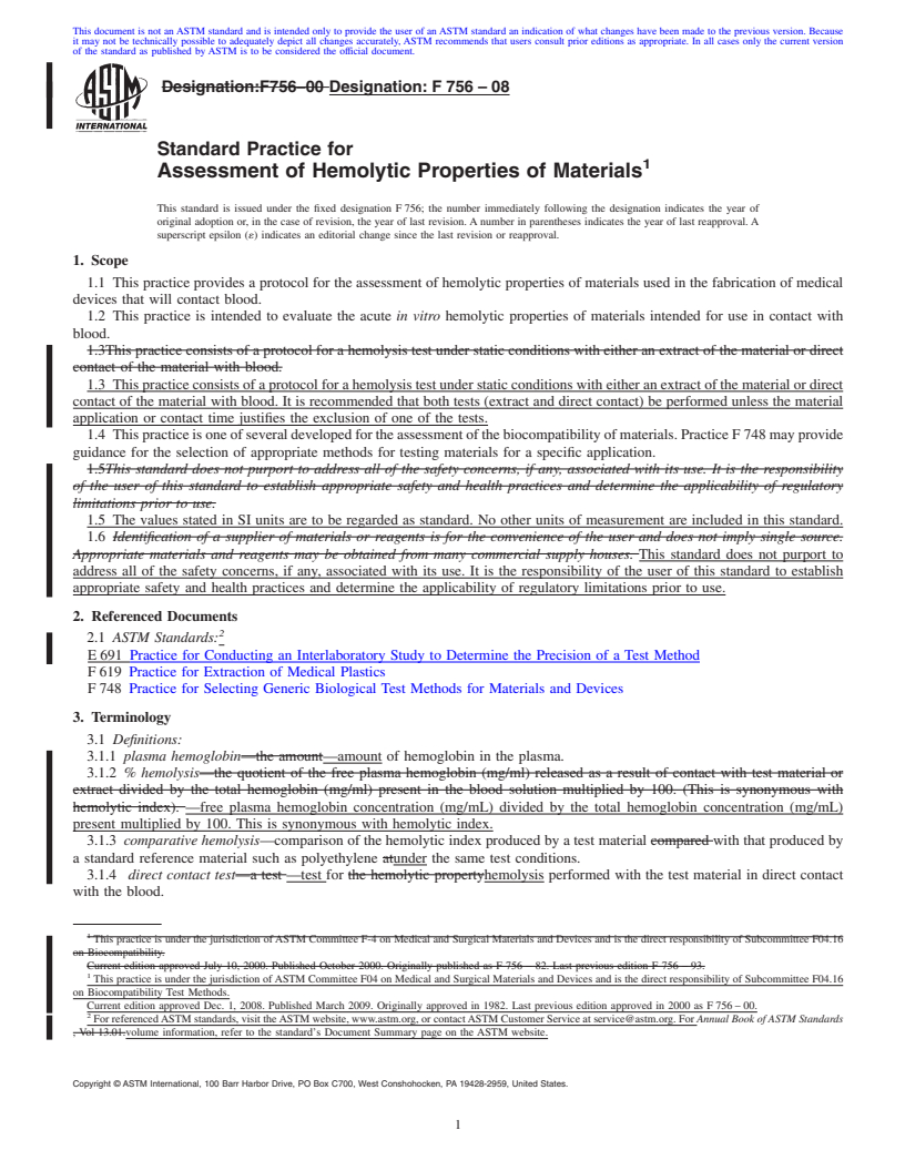 REDLINE ASTM F756-08 - Standard Practice for Assessment of Hemolytic Properties of Materials