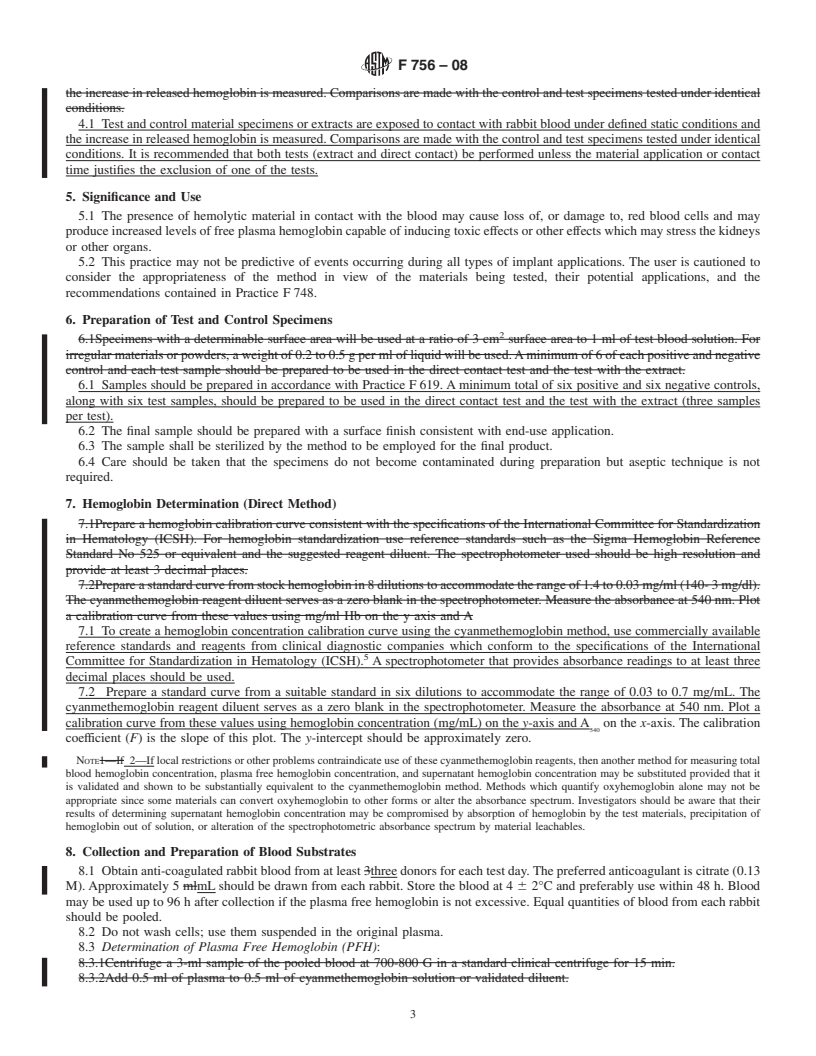 REDLINE ASTM F756-08 - Standard Practice for Assessment of Hemolytic Properties of Materials