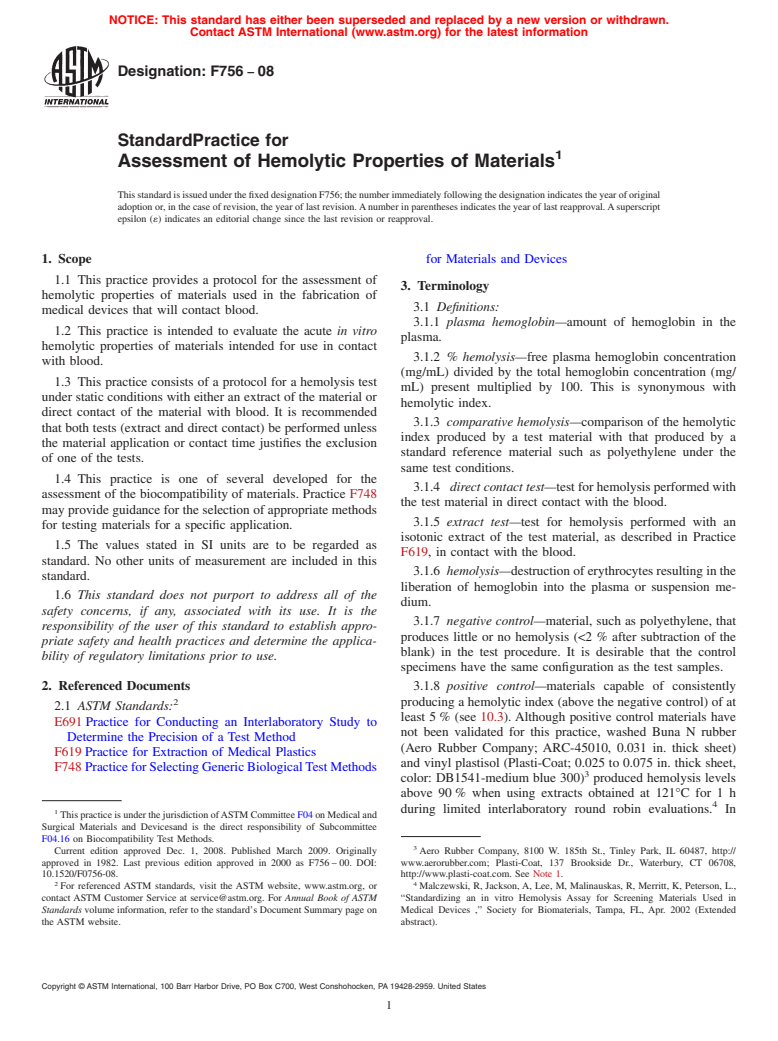 ASTM F756-08 - Standard Practice for Assessment of Hemolytic Properties of Materials