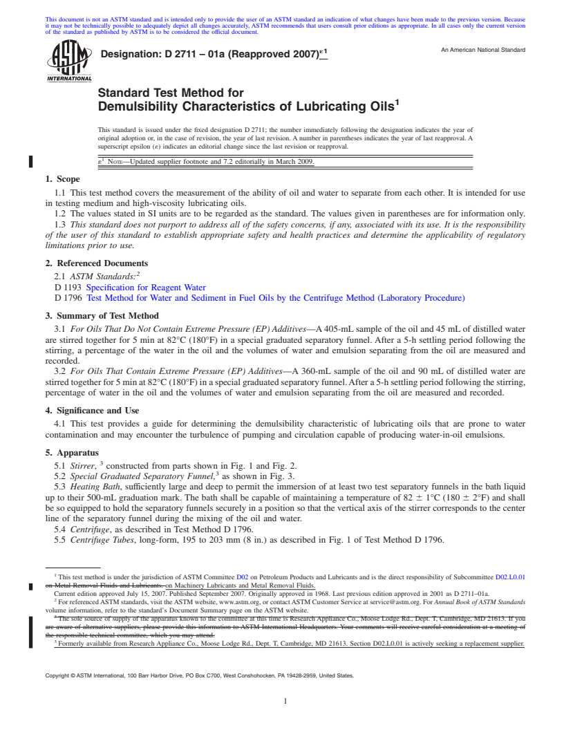 REDLINE ASTM D2711-01a(2007)e1 - Standard Test Method for Demulsibility Characteristics of Lubricating Oils