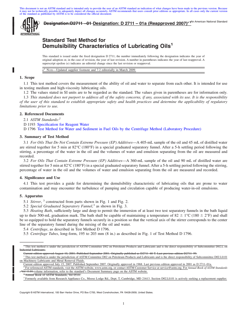 REDLINE ASTM D2711-01a(2007)e1 - Standard Test Method for Demulsibility Characteristics of Lubricating Oils