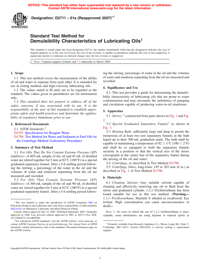 ASTM D2711-01a(2007)e1 - Standard Test Method for Demulsibility Characteristics of Lubricating Oils