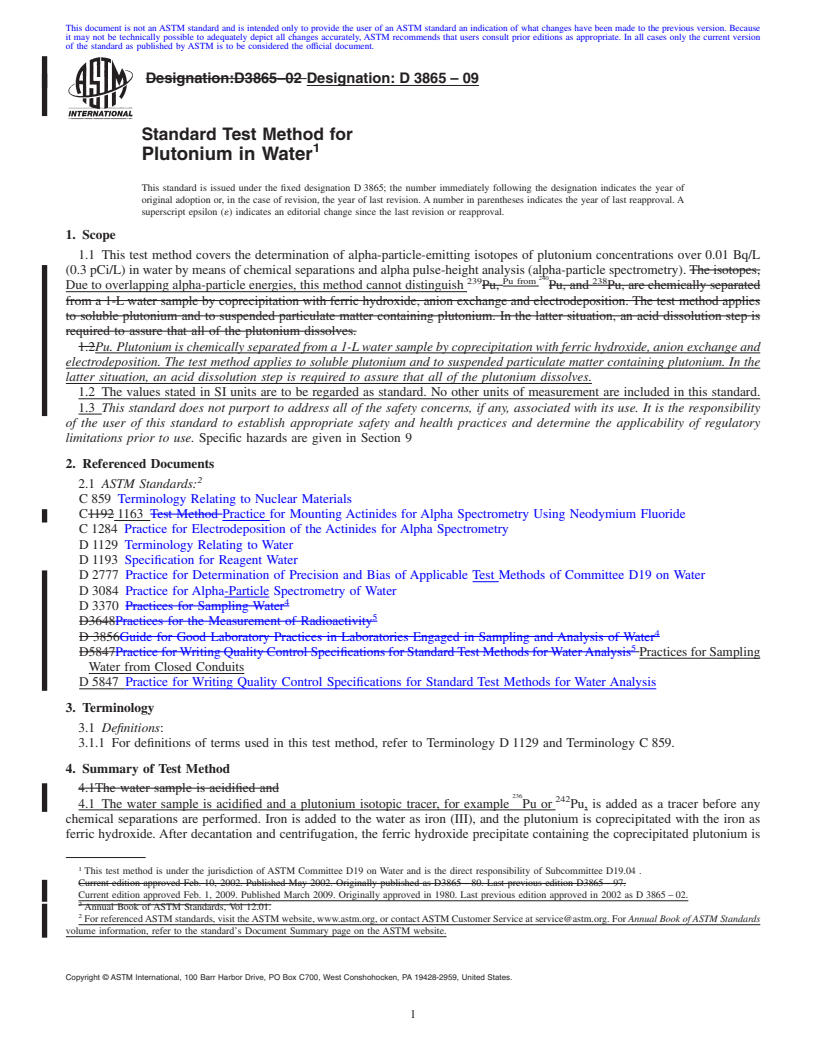 REDLINE ASTM D3865-09 - Standard Test Method for Plutonium in Water