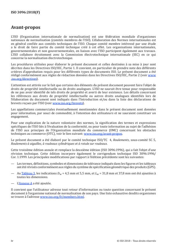 ISO 3096:2018 ISO 3096:2018 - Roulements -- Aiguilles -- Dimensions d'encombrement, spécification géométrique des produits (GPS) et valeurs de tolérance - Page 4 preview