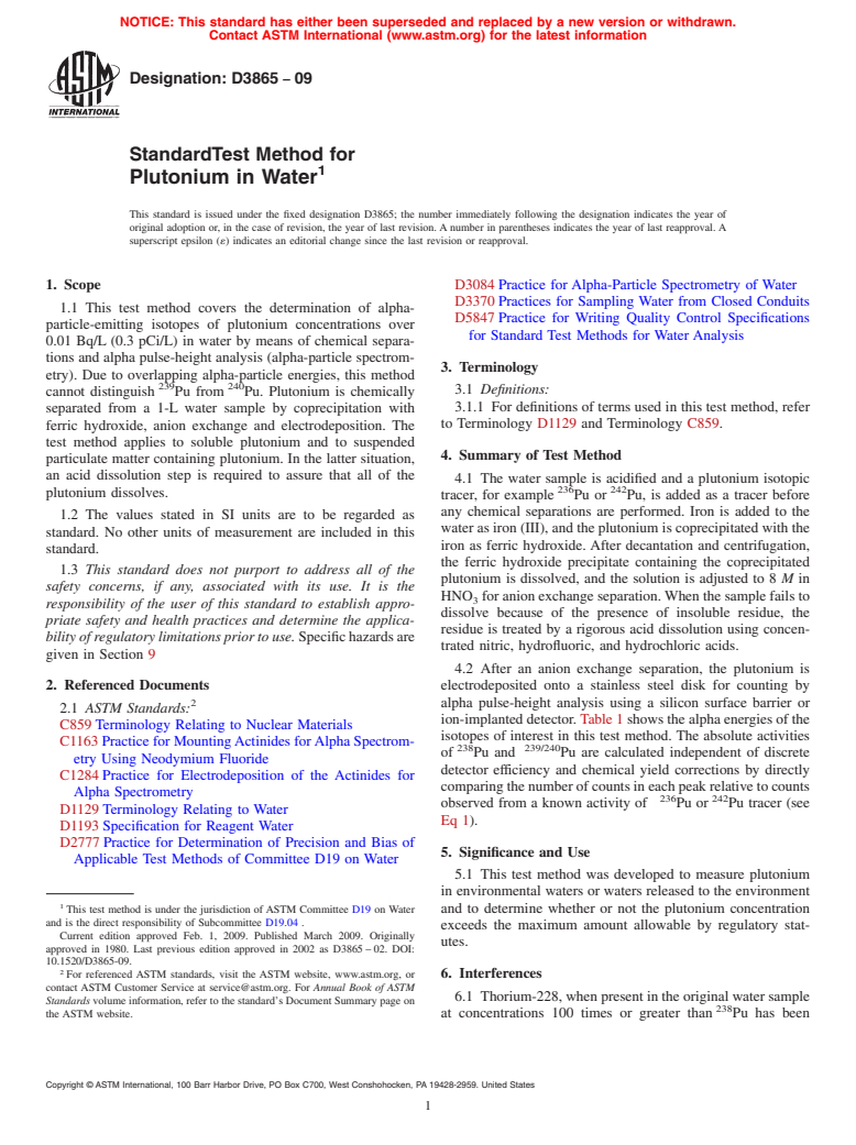 ASTM D3865-09 - Standard Test Method for Plutonium in Water