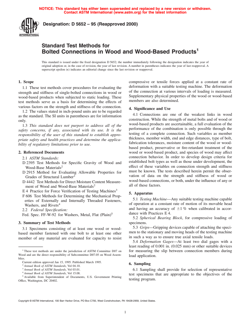 ASTM D5652-95(2000) - Standard Test Methods for Bolted Connections in Wood and Wood-Base Products