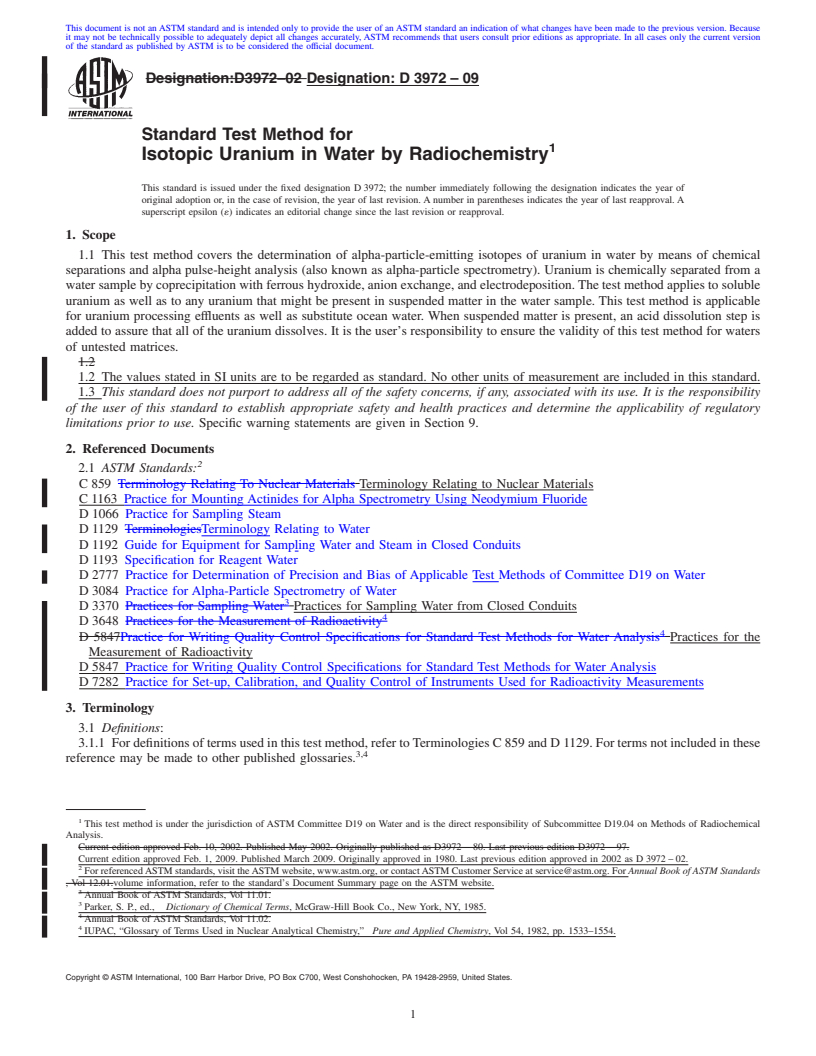 REDLINE ASTM D3972-09 - Standard Test Method for Isotopic Uranium in Water by Radiochemistry