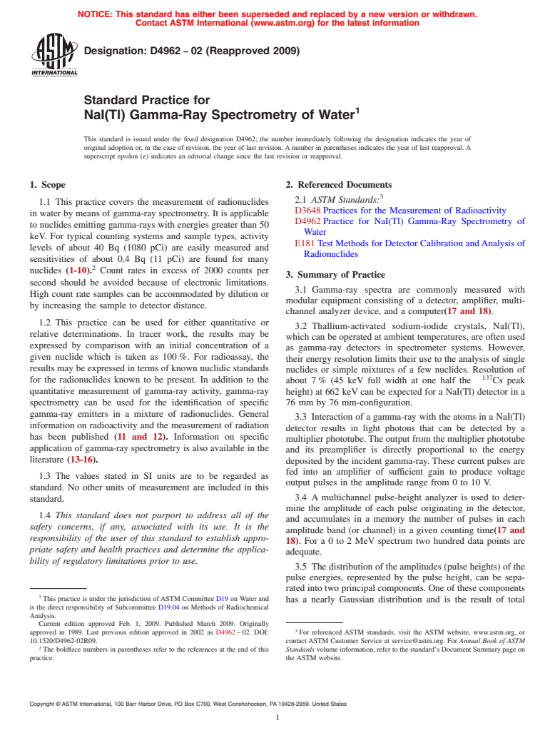 ASTM D4962-02(2009) - Standard Practice for NaI(Tl) Gamma-Ray Spectrometry of Water