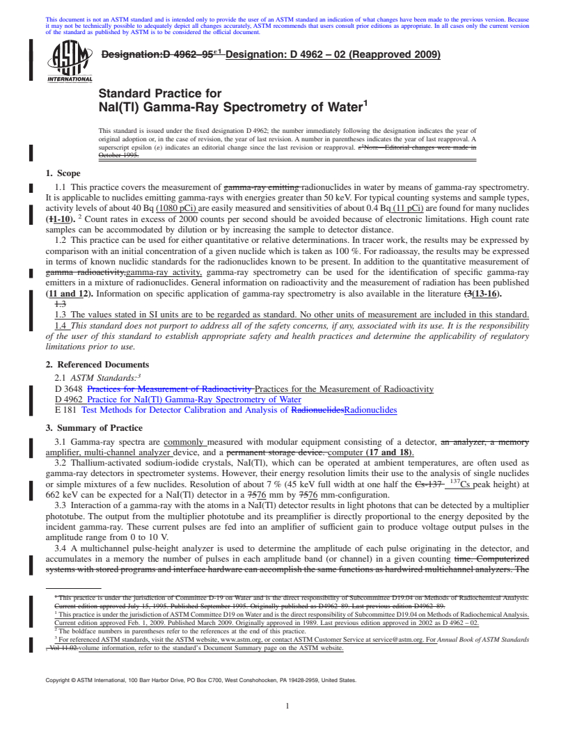 REDLINE ASTM D4962-02(2009) - Standard Practice for NaI(Tl) Gamma-Ray Spectrometry of Water