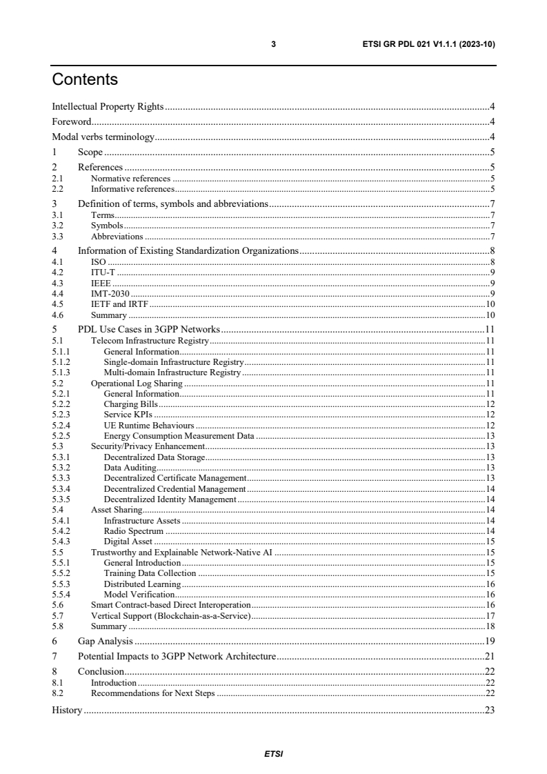 ETSI GR PDL 021 V1.1.1 (2023-10) - Permissioned Distributed Ledgers (PDL); Overview of use cases in 3GPP network and impact analysis on architecture integration