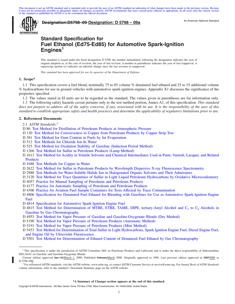 REDLINE ASTM D5798-09a - Standard Specification for Fuel Ethanol (Ed75-Ed85) for Automotive Spark-Ignition Engines