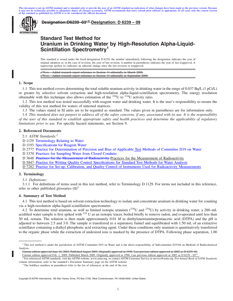 REDLINE ASTM D6239-09 - Standard Test Method for Uranium in Drinking Water by High-Resolution Alpha-Liquid-Scintillation Spectrometry