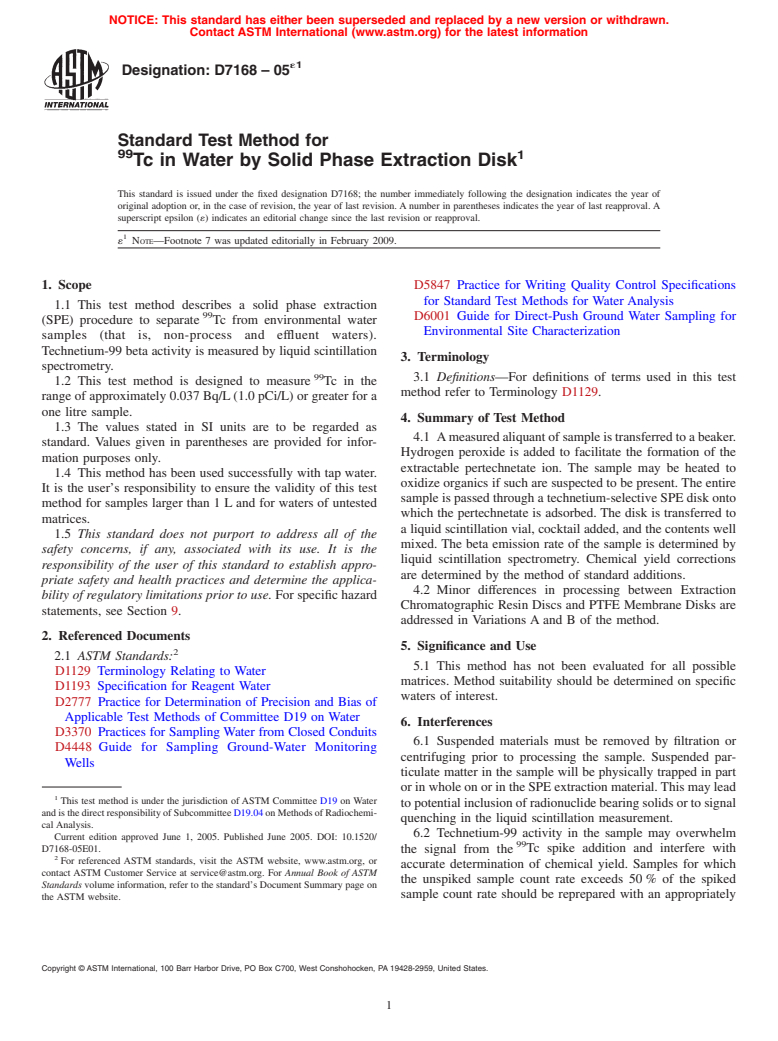 ASTM D7168-05e1 - Standard Test Method for<sup>99</sup>Tc in Water by Solid Phase Extraction Disk