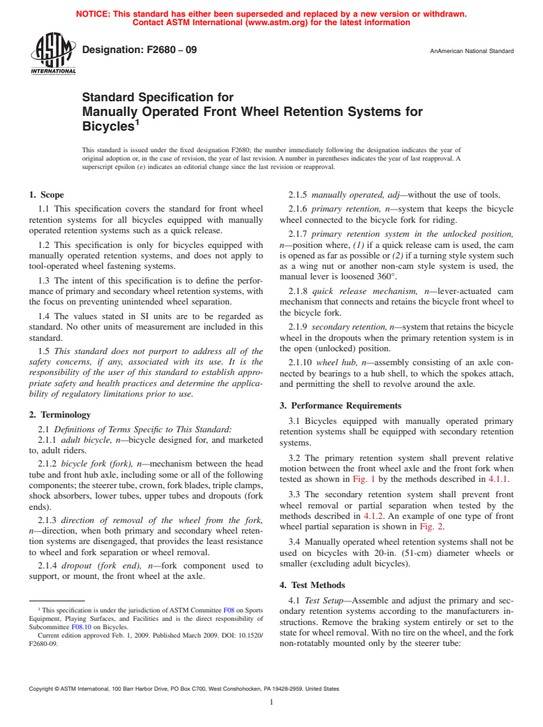 ASTM F2680-09 - Standard Specification for Manually Operated Front Wheel Retention Systems for Bicycles