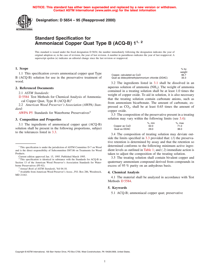 ASTM D5654-95(2000) - Standard Specification for Ammoniacal Copper Quat Type B (ACQ-B)1 (Withdrawn 2006)