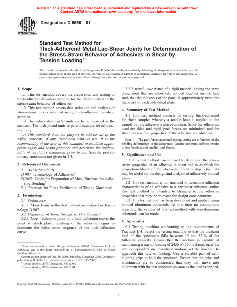ASTM D5656-01 - Standard Test Method for Thick-Adherend Metal Lap-Shear Joints for Determination of the Stress-Strain Behavior of Adhesives in Shear by Tension Loading