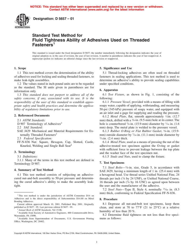 ASTM D5657-01 - Standard Test Method for Fluid Tightness Ability of Adhesives Used on Threaded Fasteners