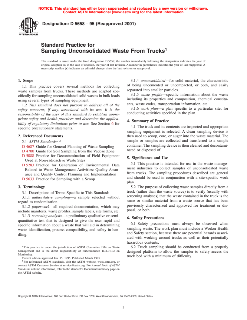 ASTM D5658-95(2001) - Standard Practice for Sampling Unconsolidated Waste From Trucks